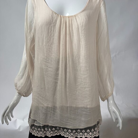 Sheer Beige Blouse With Embroidered Hem & 3/4 Sleeves By Prontomoda Giusy - Picture 16 of 16